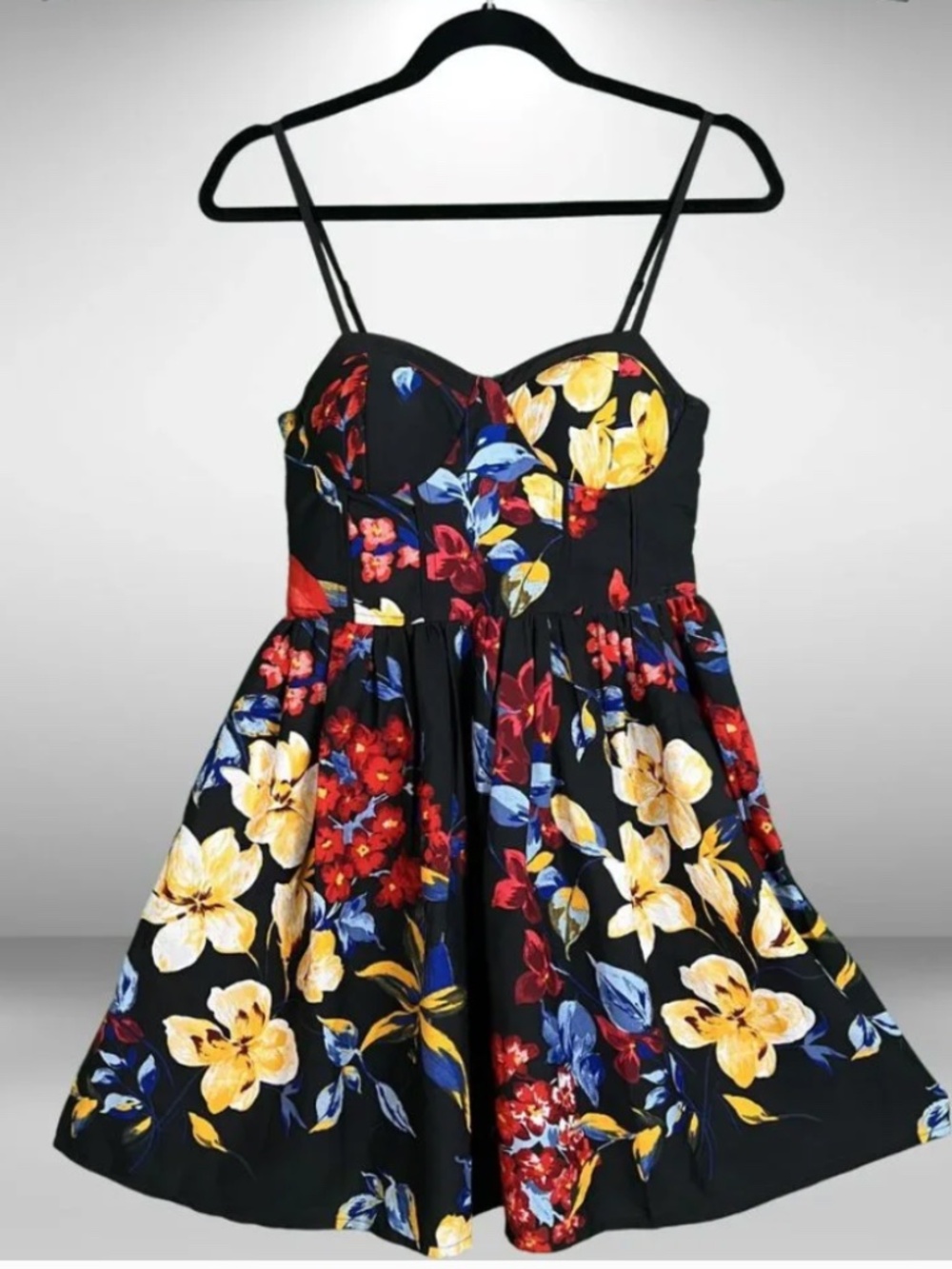 Floral Mini Dress Black Red Yellow Bustier Strappy XS BOG Collective